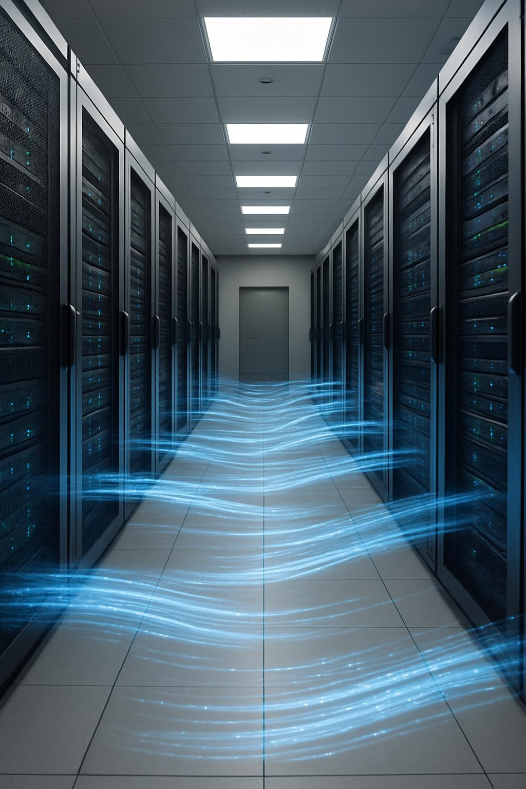 A long hallway of a server room with several tall black server cabinets down both sides, connected with wavy blue lines.