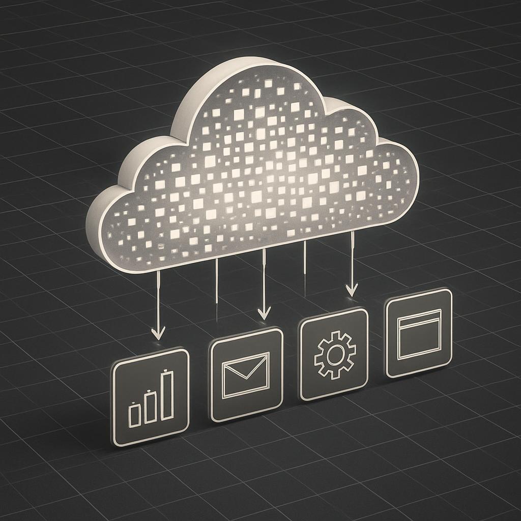 A 3D drawing of a cloud over four icons each with a different image: a bar chart, an email, a gear, and a page.