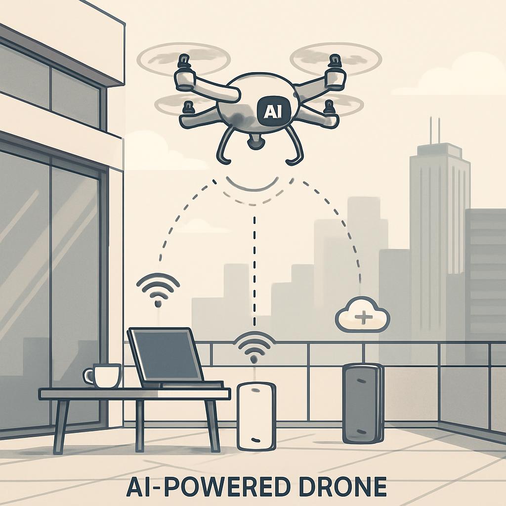 An AI-powered drone in flight, controlling various devices.