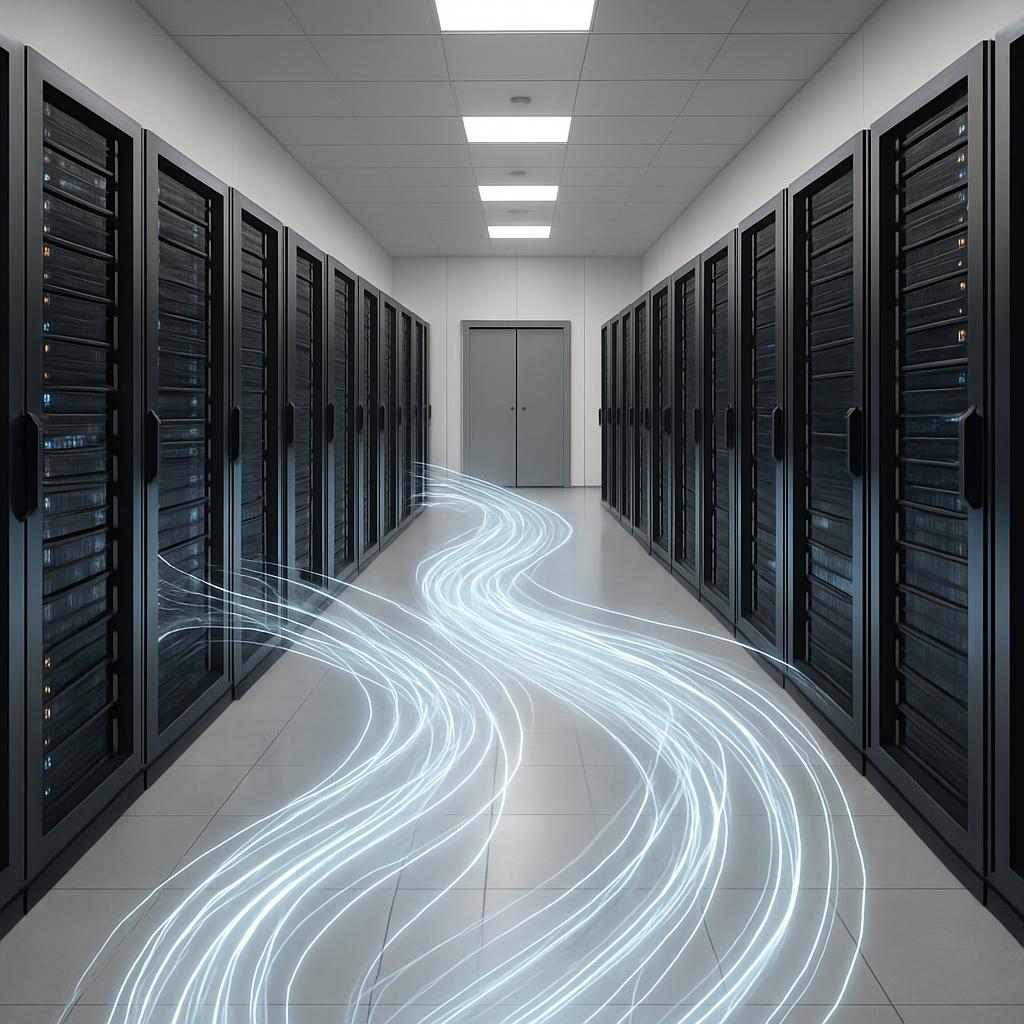 A long hallway lined with large black servers, illuminated by neon white lines.